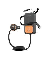 شاحن سيارة بورودو إنزو متعدد المنافذ مع كابلين قابلين للسحب 70 سم - أسود | Porodo Enzo Multi-Port Car Charger Dual 70cm Retractable Cables - Black