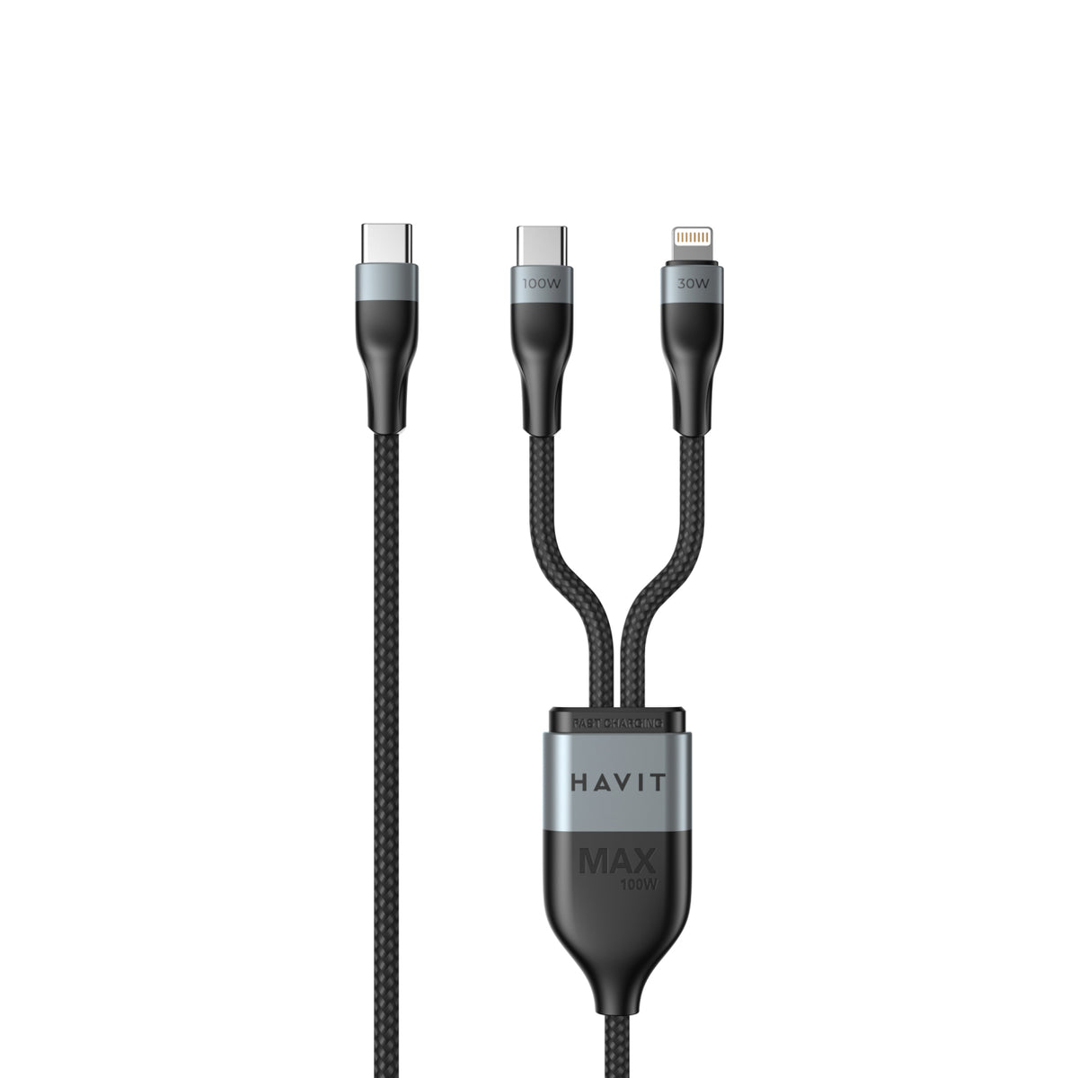 كيبل هافيت تايب سي الى تايب سي ولايتننغ بقدرة شحن 100 واط و بطول 1.2 متر | Havit CB6326 Cable Type-C to Type-C+ Lightning 1.2m 100W