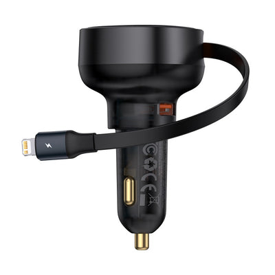 Baseus Enjoyment Pro 55W USB-A Car Charger with Retractable Lightning Cable - Black | شاحن سيارة بيسوس 55 واط مع كابل لايتننج قابل للسحب - أسود