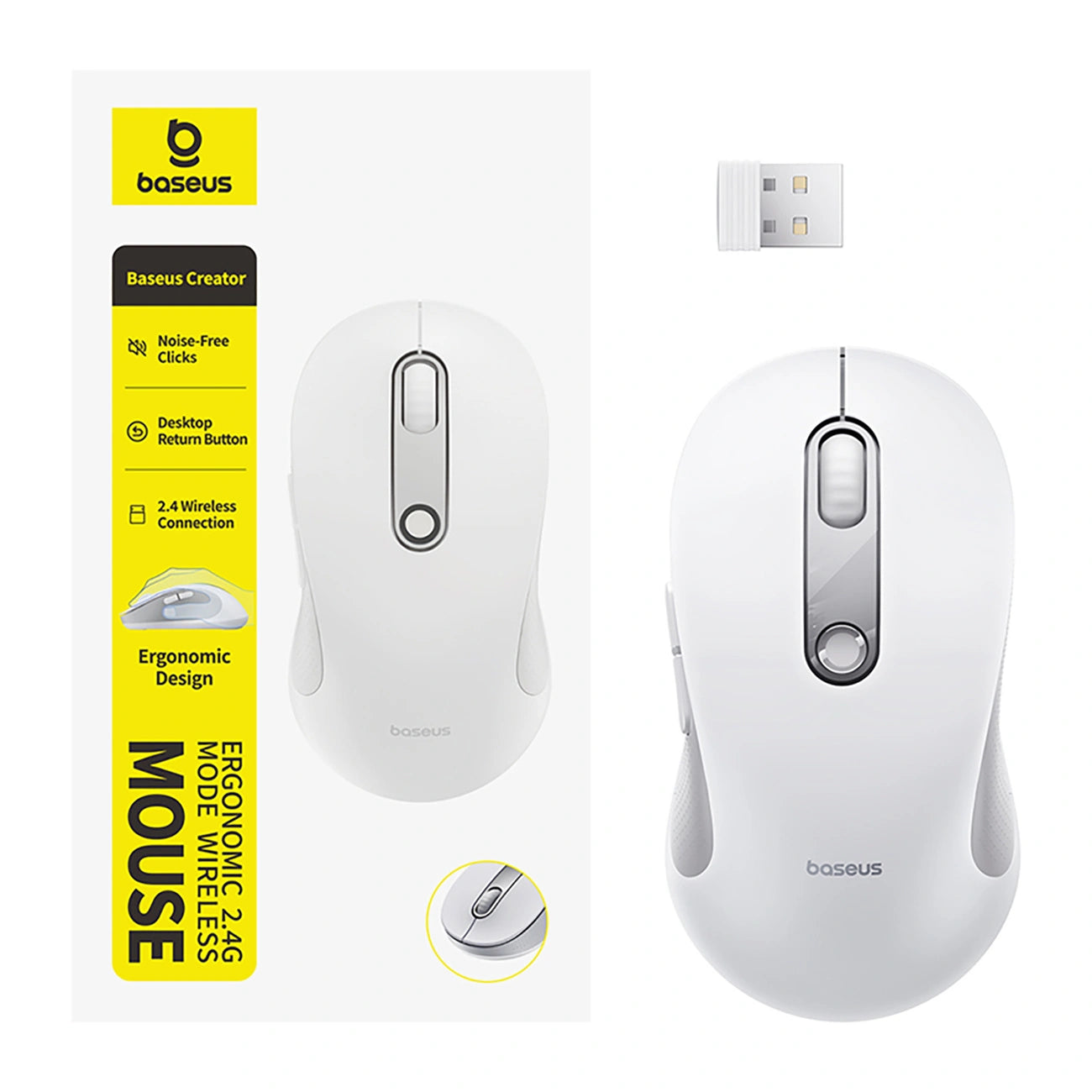 Baseus F02 Ergonomic Wireless Mouse USB 2.4GHz - White - ماوس لاسلكي مريح أبيض