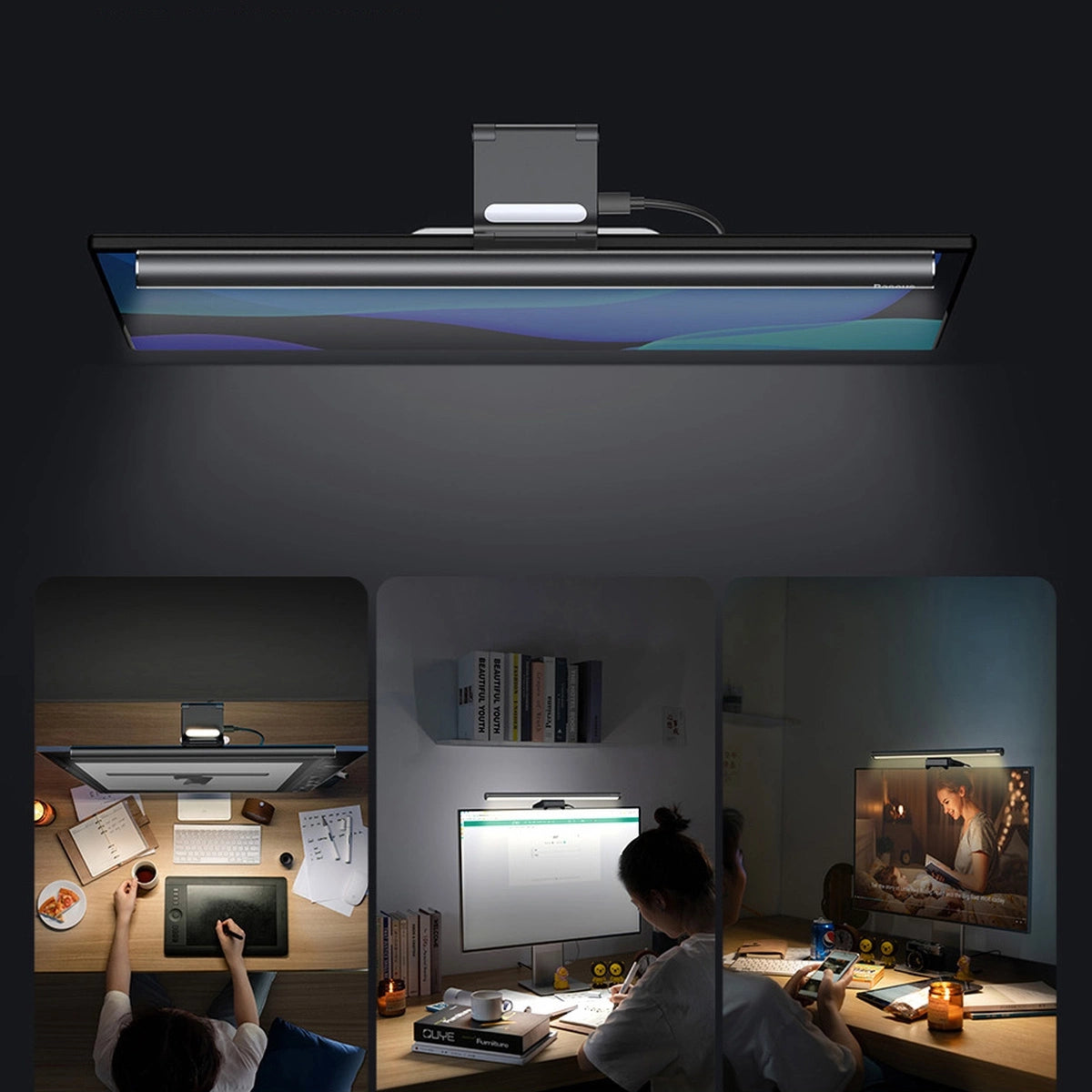 Baseus i-wok2 LED Lamp for Desktop Monitor Screen Lighting Black - إضاءة LED لشاشة الكمبيوتر