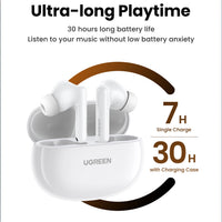 UGREEN Bluetooth V5.3 HiTune T6 Hybrid Active Noise Canceling Earbuds 30H Battery 48dB White - سماعات يوجرين هاي تيون T6 بلوتوث 5.3 إلغاء ضوضاء نشط 30 ساعة بيضاء