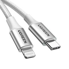 كيبل يوجرين USB-C إلى لايتننج شحن سريع PD 3A فضي 1 متر | UGREEN USB-C to Lightning PD Fast Charging 3A Max Silvery 1m