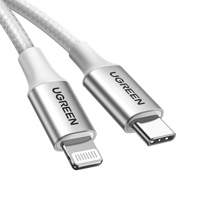 كيبل يوجرين USB-C إلى لايتننج شحن سريع PD 3A فضي 1 متر | UGREEN USB-C to Lightning PD Fast Charging 3A Max Silvery 1m