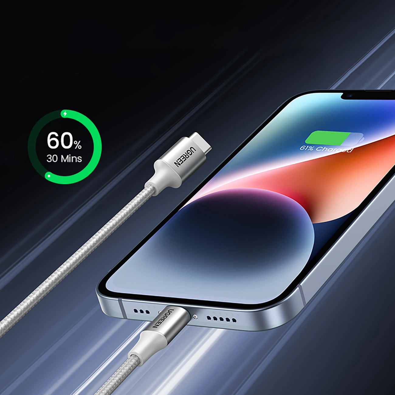كيبل يوجرين USB-C إلى لايتننج شحن سريع PD 3A فضي 1 متر | UGREEN USB-C to Lightning PD Fast Charging 3A Max Silvery 1m