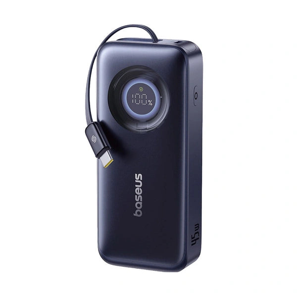 Baseus EnerCore CR11 10000mAh 45W Power Bank with Retractable USB-C Cable - Black | باور بانك بيسوس إنيركور CR11 10000 مللي أمبير 45 واط مع كابل USB-C قابل للسحب - أسود