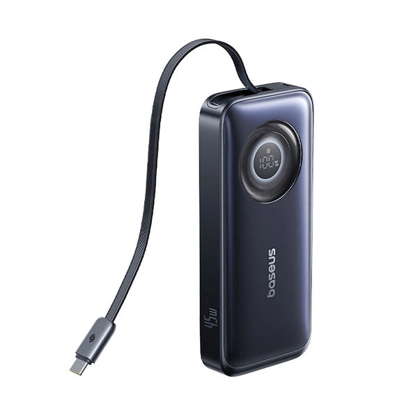 Baseus EnerCore CR11 10000mAh 45W Power Bank with Retractable USB-C Cable - Black | باور بانك بيسوس إنيركور CR11 10000 مللي أمبير 45 واط مع كابل USB-C قابل للسحب - أسود