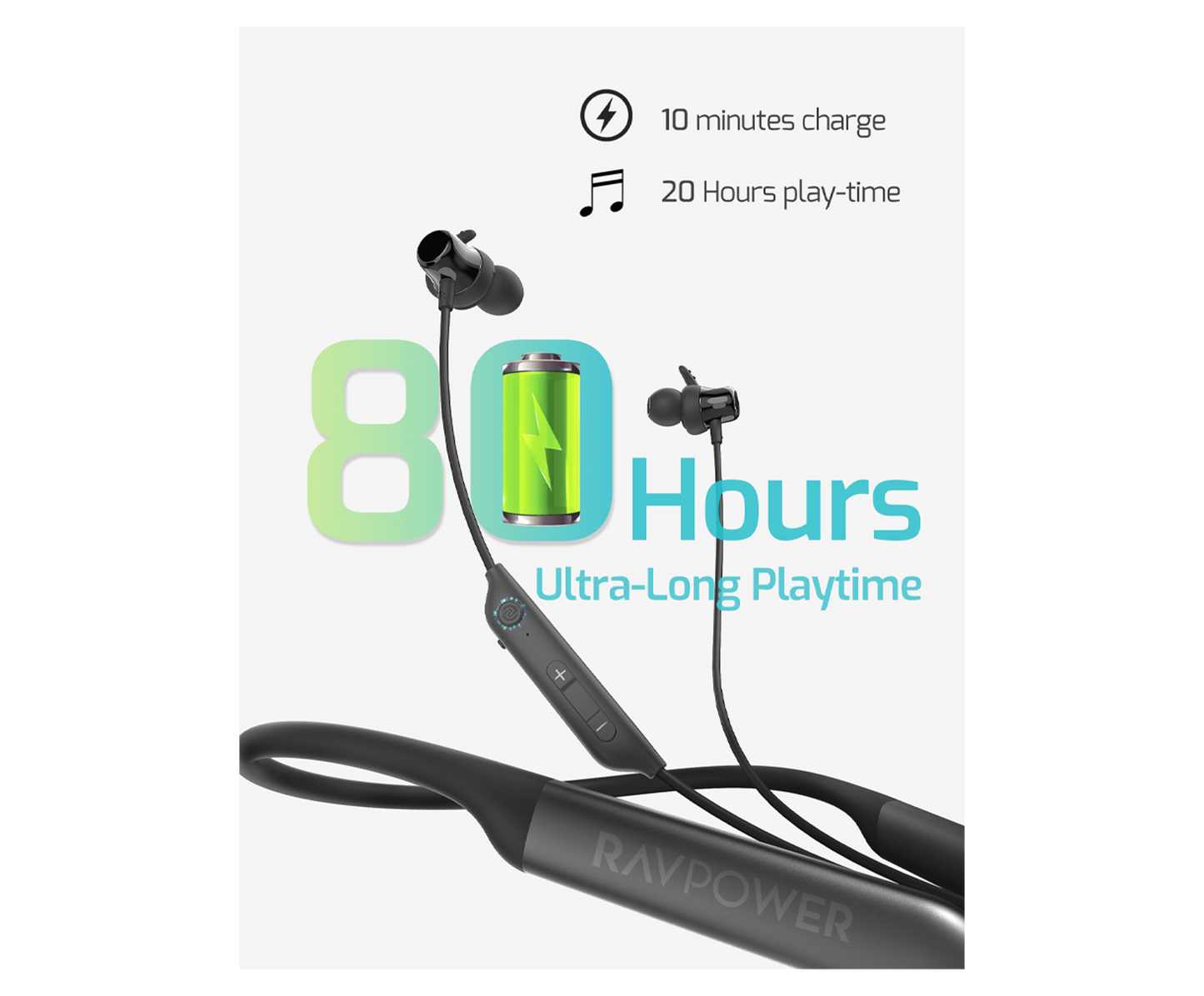 سماعات راف باور RP-BH1003 لاسلكية رياضية حول الرقبة مع خطاف | RAVPower RP-BH1003 Wireless In-Ear Neckband Sports Earphones with Hook