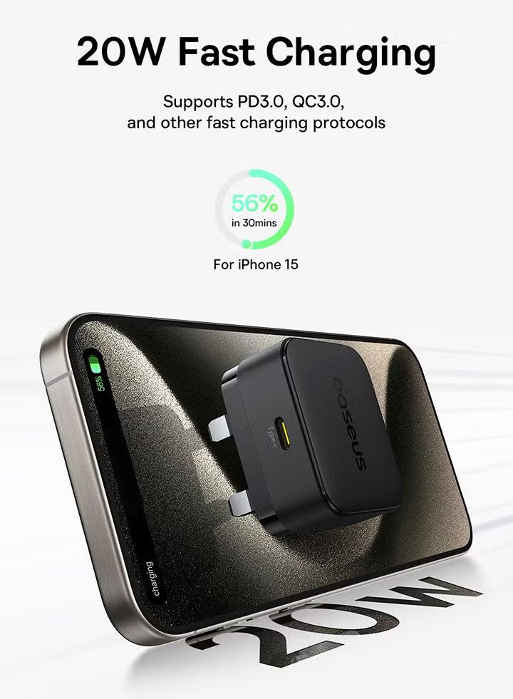 Baseus Palm Charger 1C 20W UK Black with Cable C→iP 1m | شاحن بيسوس بالم 20 واط مع كابل 1 متر