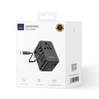 محول السفر العالمي من ويوو بقدرة شحن 70 واط مع كيبل تايب سي مدمج - اسود | WiWU Travel Universal Adapter UA004 70W GaN Charger With Built in Type-C Cable – Black