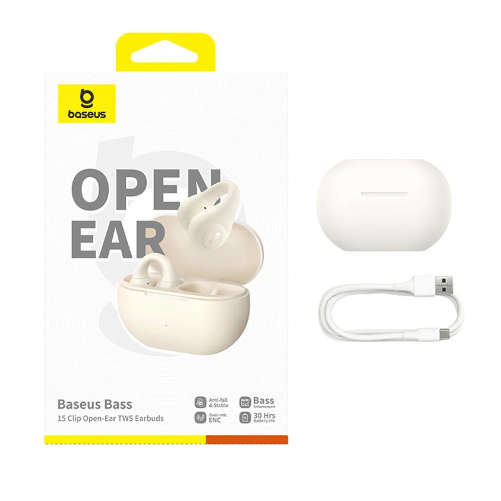 Baseus Bass 15 Clip Open-Ear Earphones White with Cable C 0.3m - سماعات بيسوس باس 15 مفتوحة بكليب بيضاء مع كيبل