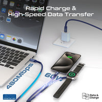 Promate iCharge-Trio Blue charging an iPhone Apple Watch and laptop at once