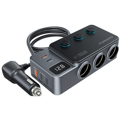 Porodo 120W Car Charger Hub Triple-Port Lighter Socket Dark Gray