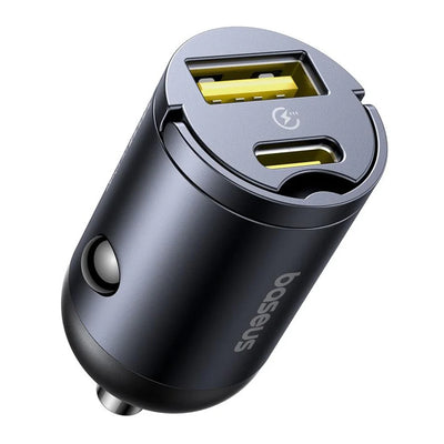 Baseus Tiny Star Car Charger, 30W, 3A, 1 x USB-A - 1 x USB-C, Black | شاحن سيارة بيسوس تايني ستار 30 واط، منفذين USB-A و USB-C، أسود