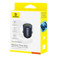 Baseus Tiny Star Car Charger, 30W, 3A, 1 x USB-A - 1 x USB-C, Black | شاحن سيارة بيسوس تايني ستار 30 واط، منفذين USB-A و USB-C، أسود