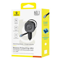 Baseus PrimeTrip VR2 Car Charger with USB-C Cable, 30W, 3A, 1 x USB-C, Black | شاحن سيارة بيسوس برايم تريب VR2 مع كابل USB-C 30 واط - أسود
