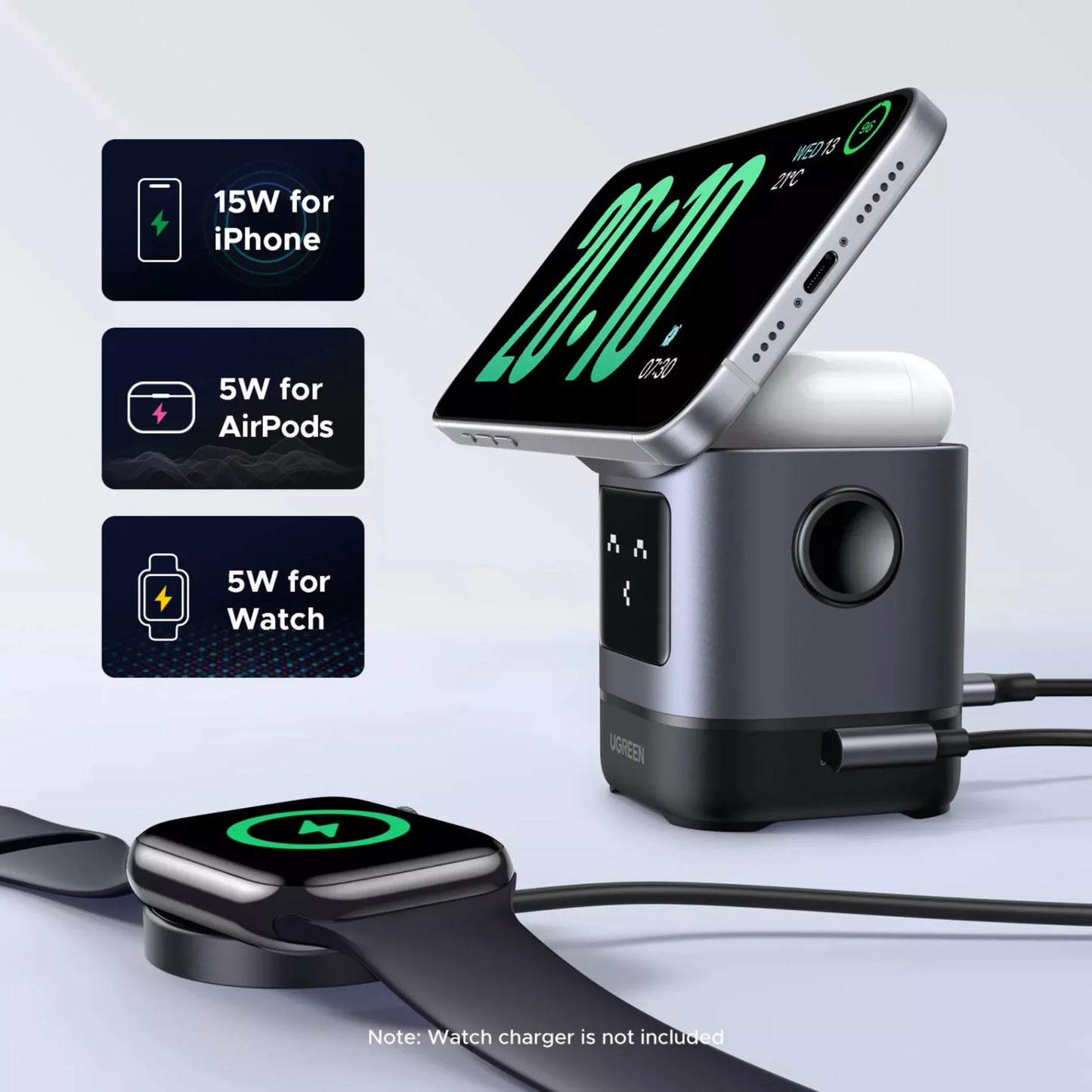 UGREEN 2-in-1 Robot Wireless Charger for iPhone 15W + AirPods 5W + Watch 5W | شاحن يوجرين روبوت لاسلكي 2 في 1 للآيفون والإيربودز والساعة