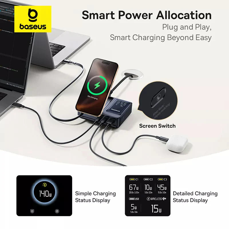 Baseus Nomos QI 5in1 Charging Station 140W - محطة شحن لاسلكي 5 في 1 من بيسوس نوموس 140 واط