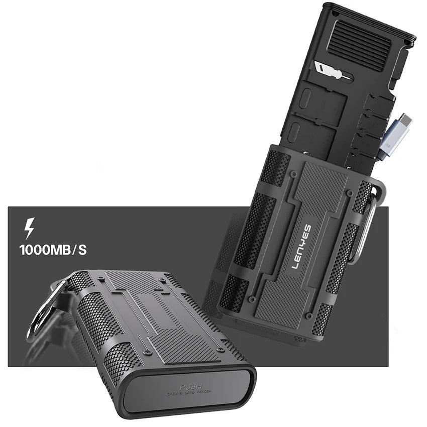 قارئ بطاقات Lenyes LCR02 وصندوق تخزين 10Gbps Type-C مقاومة IP54 ألومنيوم 12 بطاقة | Lenyes LCR02 Card Reader Storage Box 10Gbps Type-C IP54 Aluminum 12 Cards CFexpress SD TF