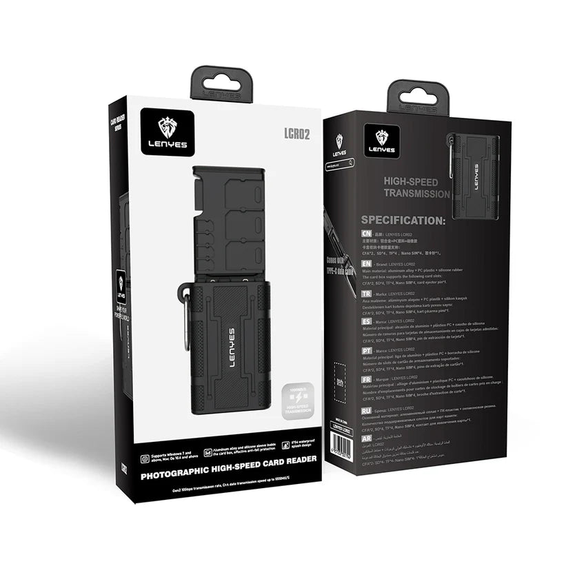 قارئ بطاقات Lenyes LCR02 وصندوق تخزين 10Gbps Type-C مقاومة IP54 ألومنيوم 12 بطاقة | Lenyes LCR02 Card Reader Storage Box 10Gbps Type-C IP54 Aluminum 12 Cards CFexpress SD TF