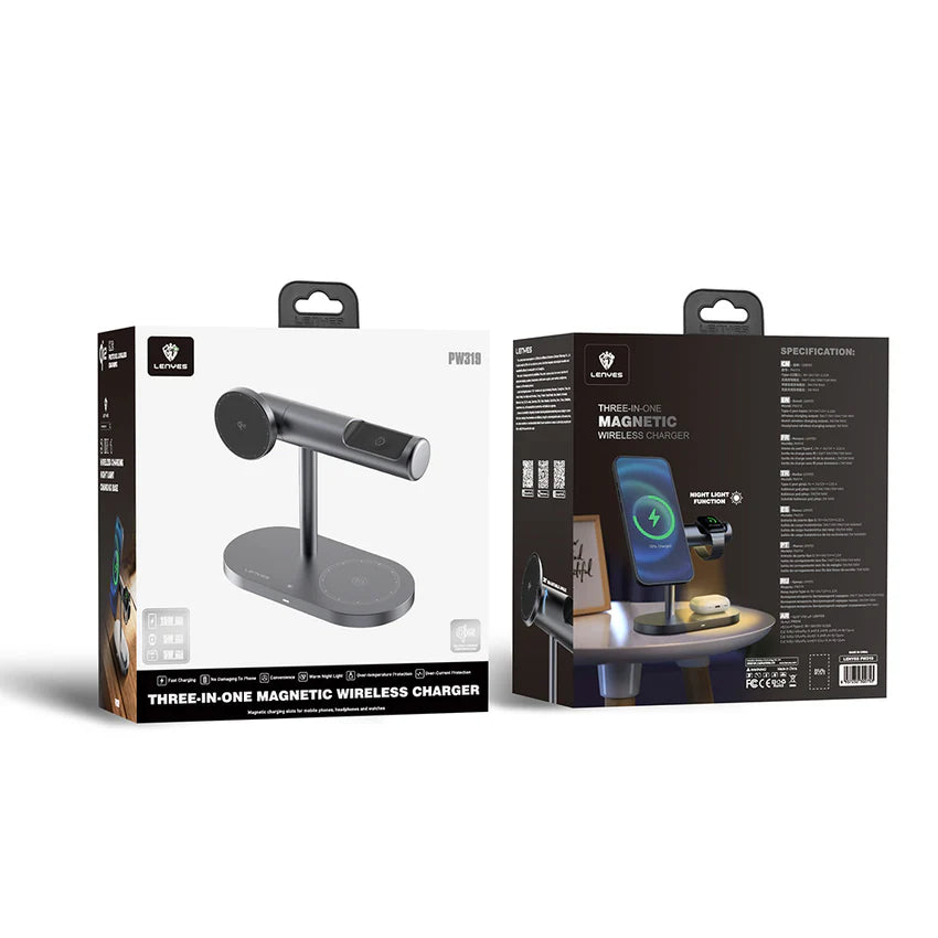 حامل الشحن اللاسلكي Lenyes PW319 Qi2 سريع 15W إضاءة محيطية 3 في 1 | Lenyes PW319 Qi2 15W 3-in-1 Wireless Charging Stand with Ambient Light