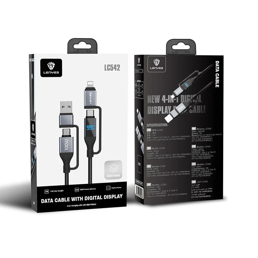 كابل شحن Lenyes LC542 شاشة رقمية 4 في 1 قدرة 100W منافذ USB-A وType-C وLightning نايلون 1متر | Lenyes LC542 4-in-1 Charging Cable 100W Digital Display USB-A Type-C Lightning Nylon 1M
