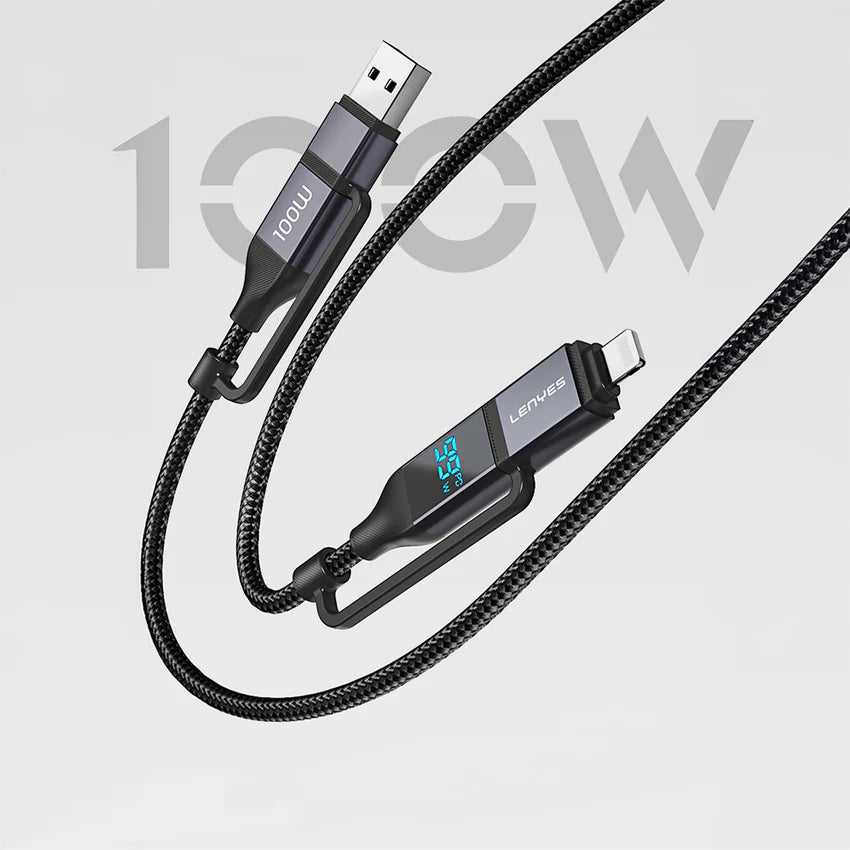 كابل شحن Lenyes LC542 شاشة رقمية 4 في 1 قدرة 100W منافذ USB-A وType-C وLightning نايلون 1متر | Lenyes LC542 4-in-1 Charging Cable 100W Digital Display USB-A Type-C Lightning Nylon 1M