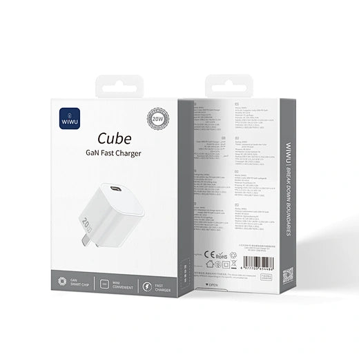 شاحن ويوو Wi-G014 سريع 20 واط GaN مدمج لـ iPhone - أبيض | WiWU 20W Cube GaN Fast Charger Wi-G014 for iPhone - White