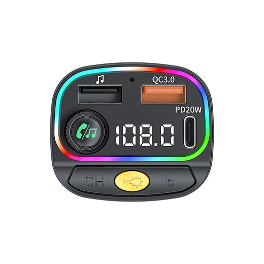 WiWU Wi-QC031 Bluetooth 5.3 Car FM Transmitter with RGB Lights & 38W Fast Charging | شاحن سيارة بلوتوث 5.3 مع إضاءة RGB وشحن سريع 38 واط