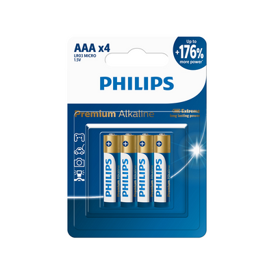 بطاريات AAA Premium عبوة 4 قطع فيليبس LR03M4B/40 | Philips LR03M4B/40 Premium AAA Batteries 4 Pack — LR03M4B/40