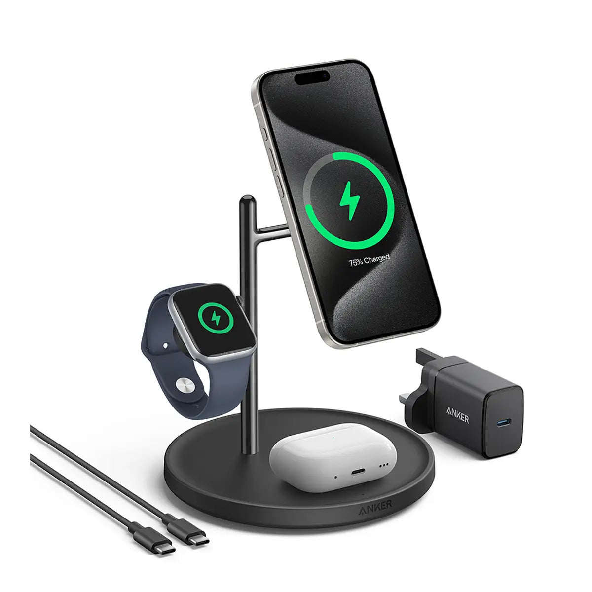 حامل وشاحن لاسلكي انكر ماج جو 3 في 1 بقدرة شحن 15 واط | Anker MagGo 15W 3-in-1 Charging Stand, Qi2 Certified Wireless Charger for iPhone