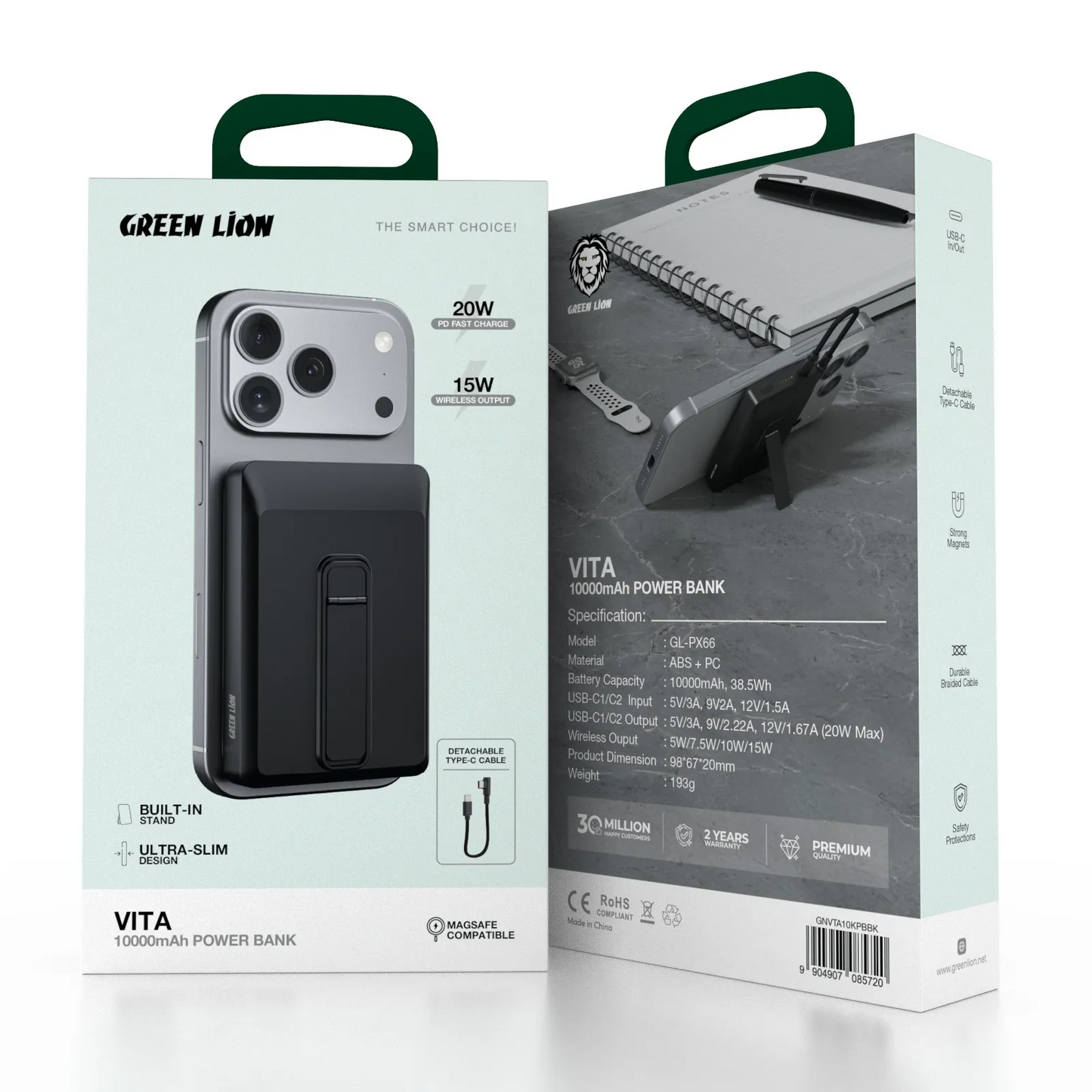 Green Lion Vita Power Bank 10000mAh MagSafe 20W PD – Black | باور بانك جرين لايون فيتا 10000ماه MagSafe أسود