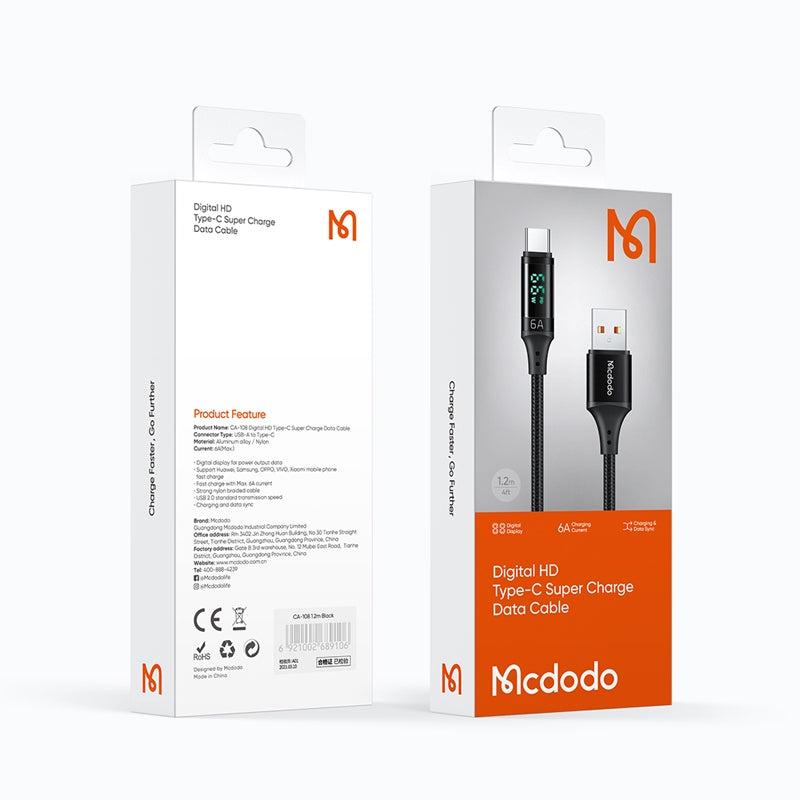 كيبل مكدودو يو اس بي اي الى تايب سي 6A مع شاشة رقمية وبطول 1.2 متر | Mcdodo 6A Type C Fast Charging Cable with Digital Display 1.2m