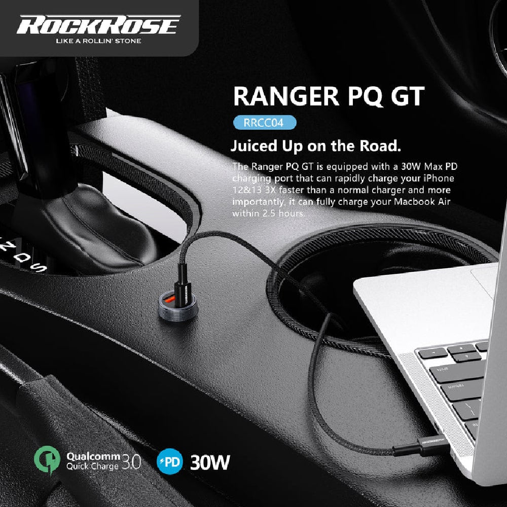 شاحن سيارة روك روز Ranger بمنفذي يو اس بي اي وتايب سي وبقدرة شحن 30 واط | RockRose Ranger PQ GT 30W PD & QC 3.0 Dual Port Car Phone Charger Adapter