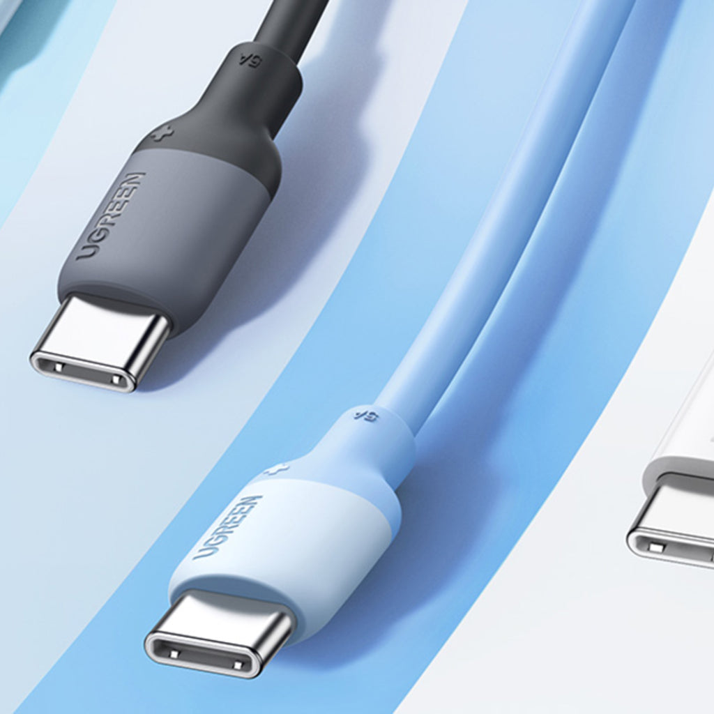 كيبل يوجرين USB-C إلى USB-C سيليكون شحن سريع أزرق 1م للابتوب والهواتف | UGREEN USB-C to USB-C Silicone Fast Charging Cable Blue 1M