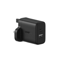 UGREEN 20W 2-Port Fast Charger UK Black - شاحن سريع يوجرين 20 واط منفذين أسود