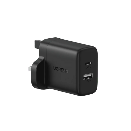 UGREEN 20W 2-Port Fast Charger UK Black - شاحن سريع يوجرين 20 واط منفذين أسود