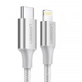 كابل Ugreen من Type-C إلى Lightning شحن سريع 3A فضي 2 متر - UGREEN USB-C to Lightning PD Fast Charging 3A Max 2m - Silver