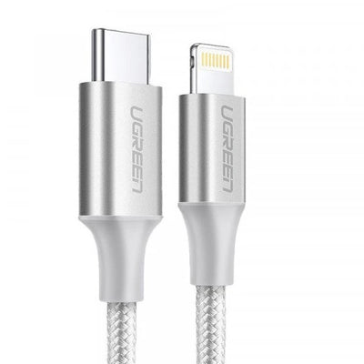 كابل Ugreen من Type-C إلى Lightning شحن سريع 3A فضي 2 متر - UGREEN USB-C to Lightning PD Fast Charging 3A Max 2m - Silver