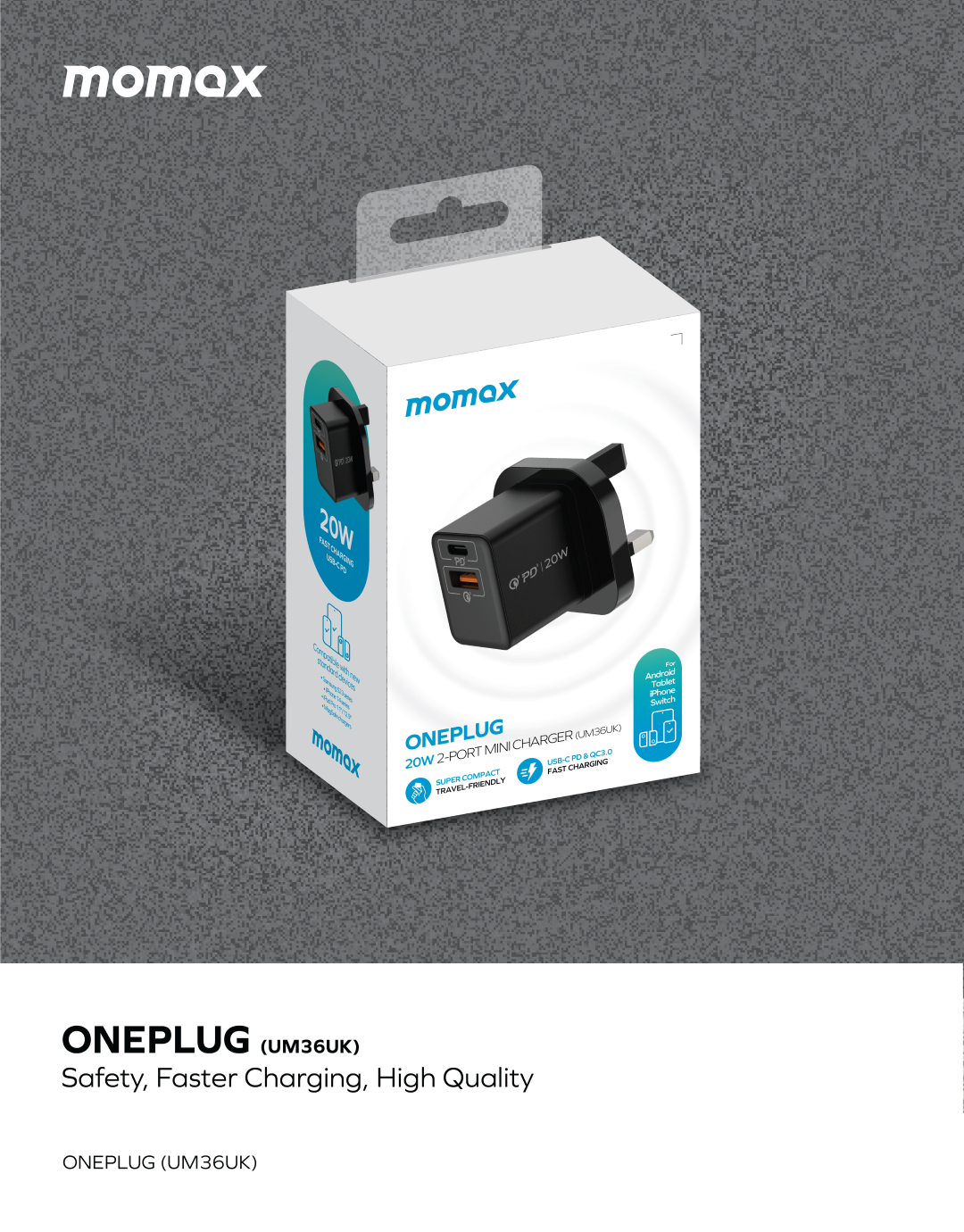 شاحن موماكس وان بلاج بحجم صغير بمنفذي تايب سي ويو اس بي اي وبقدرة شحن 20 واط | Momax One Plug 20W 2-Port Mini Charger | Dual Port Fast Charger