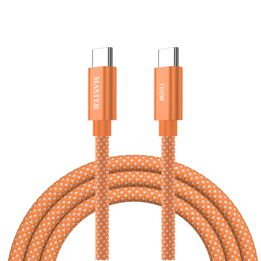 كيبل ماستر مظفر تايب سي الى تايب سي بقدرة شحن 100 واط وطول 1.2 متر - برتقالي | Master Braided 100W Cable USB-C to USB-C 1.2M - Orange