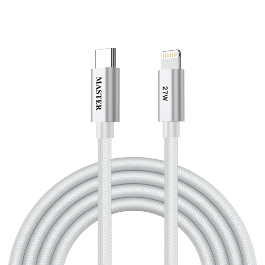 كيبل ماستر مظفر تايب سي الى لايتننغ بقدرة شحن 27 واط وطول 1.2 متر - ابيض | Master Braided 27W Cable USB-C to Lightning 1.2M - White