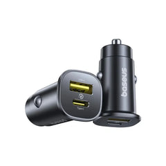 شاحن سيارة بيسوس جو تريب DP1 سريع 30 واط بمنفذي USB-C وUSB-A – أسود كوني | Baseus GoTrip DP1 30W Fast Car Charger USB-C & USB-A Cosmic Black