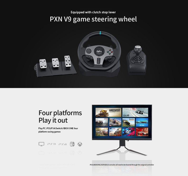 عجلة قيادة ألعاب PXN V9 GEN1 مع دواسات – دوران 900 درجة وإضاءة RGB متوافقة مع PS5 وPC وXbox وSwitch | PXN V9 GEN1 Racing Wheel with Pedals – 900 Degree RGB Steering Wheel Compatible with PS5, PC, Xbox & Switch