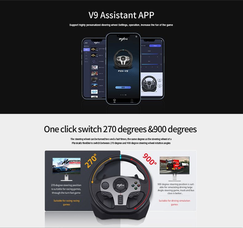 عجلة قيادة ألعاب PXN V9 GEN1 مع دواسات – دوران 900 درجة وإضاءة RGB متوافقة مع PS5 وPC وXbox وSwitch | PXN V9 GEN1 Racing Wheel with Pedals – 900 Degree RGB Steering Wheel Compatible with PS5, PC, Xbox & Switch