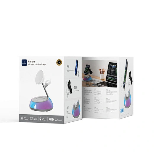شاحن لاسلكي ويوو أورورا Wi-W036 Qi2 3في1 بقدرة 22.5 واط | WiWU Aurora Qi2 3 in 1 Wireless Charger Wi-W036 22.5W Fast Charging