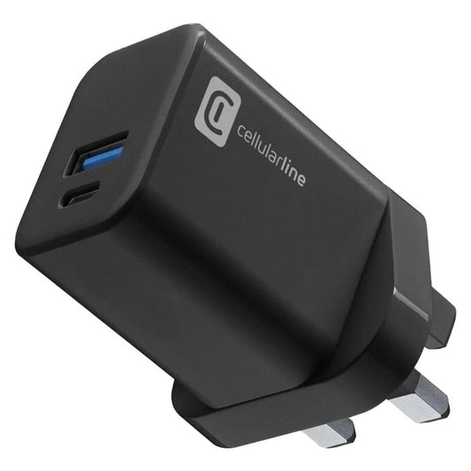 شاحن ثنائي 30 واط بفيش بريطاني شحن سريع لجهازين في وقت واحد Cellularline GaN - Cellularline Dual 30W GaN Charger (UK Plug)